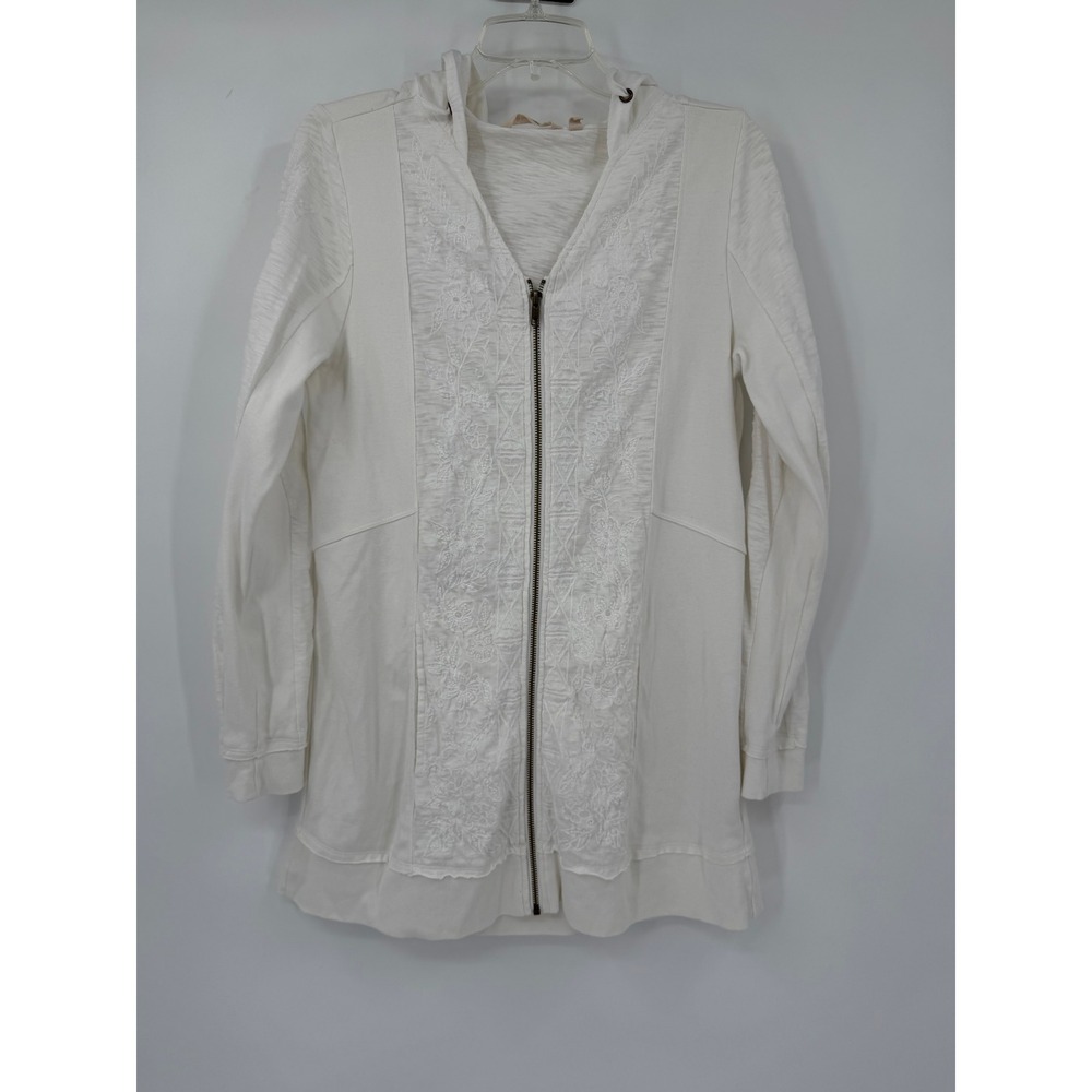 Soft Surroundings White Floral Embroidered Full Zip Hoodie Tunic Small 2EZ99